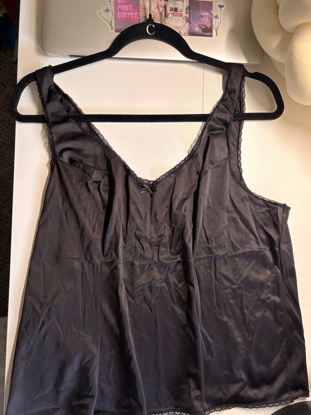 Vassarette Black Satin Lace Trim Camisole Tank Top w/ Bow Size XL